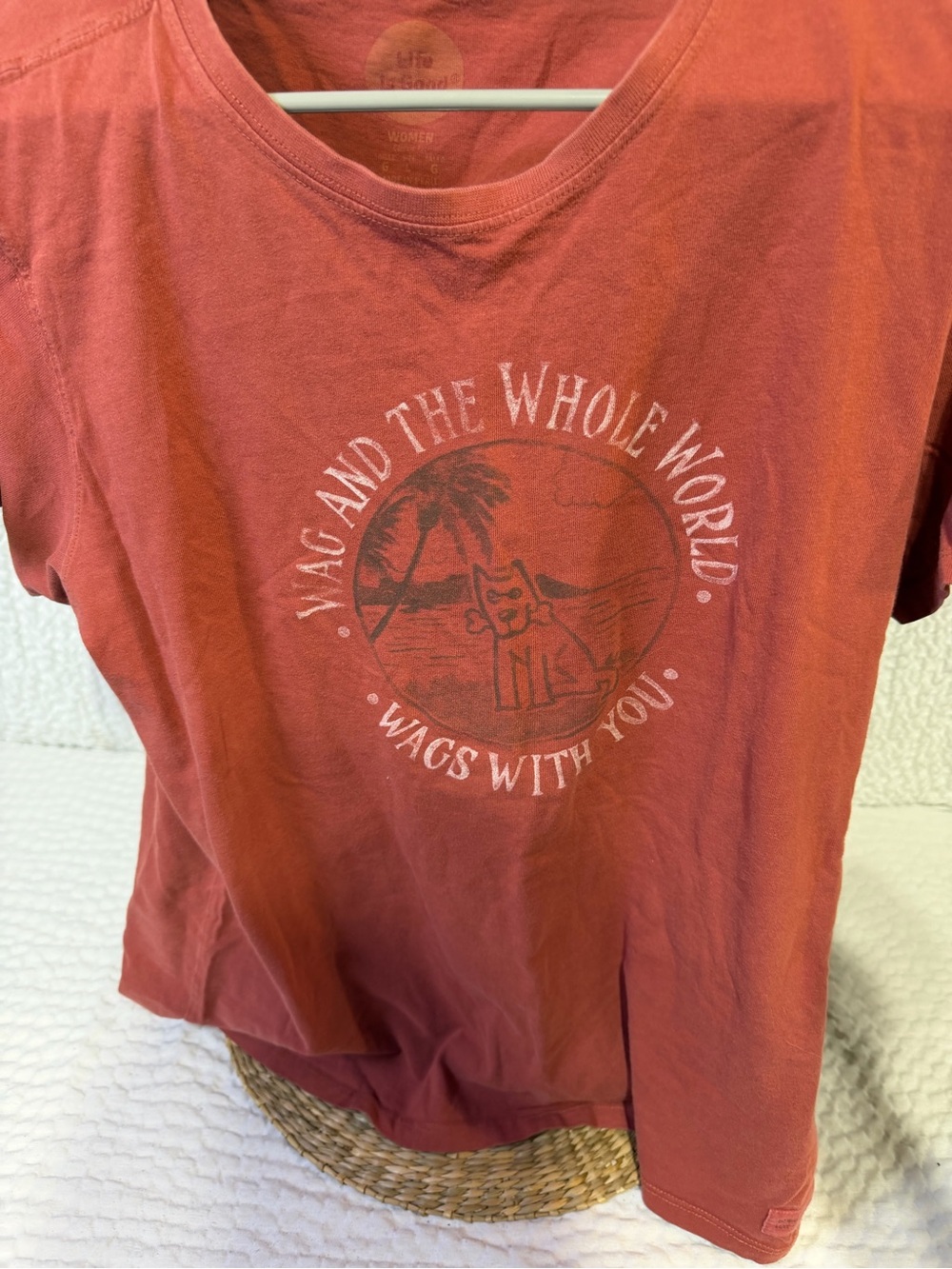 Life Is Good Women's Short Sleeve Tee in Coral Red with Dog Graphic